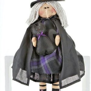 🎃  Halloween Witch Doll w Long Nose & Black Cat 25"  NEW